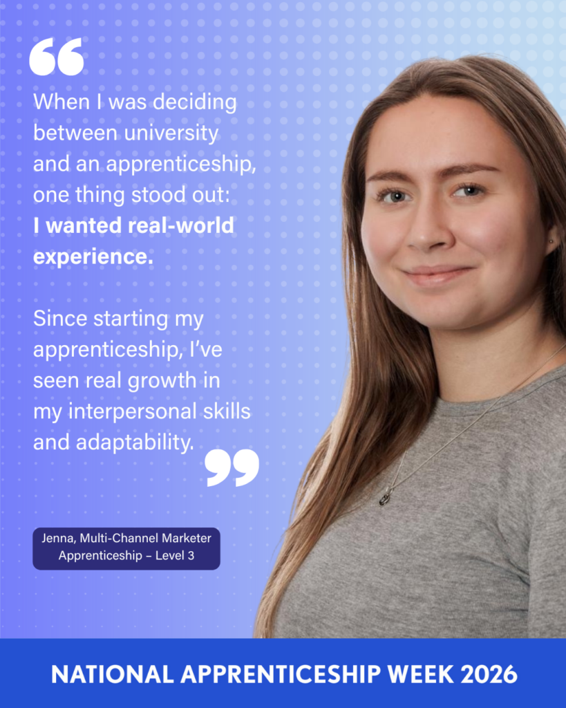 A promotional graphic for National Apprenticeship Week 2026 featuring a person with long hair on the right side, wearing a grey top and a necklace. On the left, white quotation marks introduce text about choosing an apprenticeship for real‑world experience and developing interpersonal skills and adaptability.