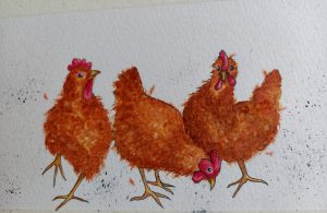 Painting of three orange hens