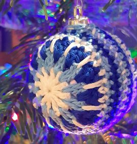 blue and white crochet bauble