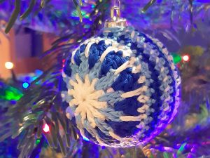 blue and white crochet bauble