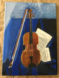 Painting of viola and music with blue background
