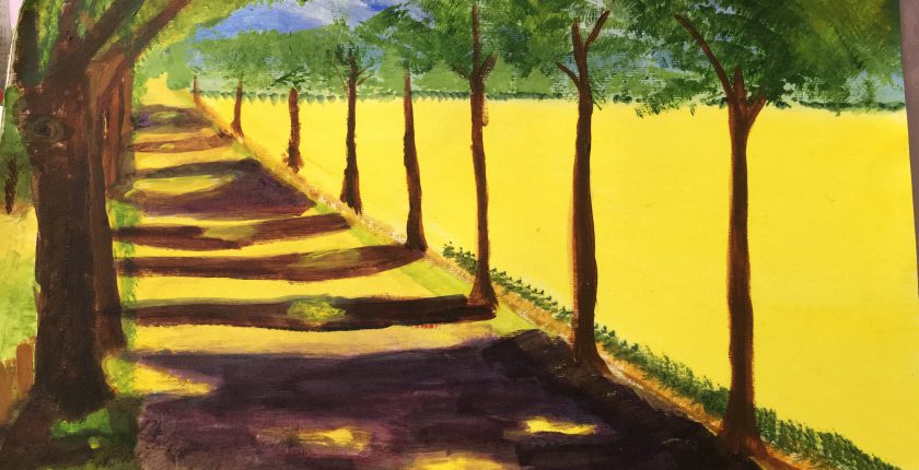Landscape painting of tree avenue and yellow field