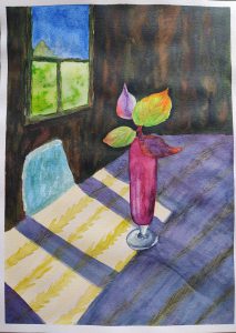 Painting of pink vase on table in a dining room