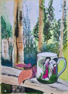 Painting of Japanese mug with trees behind