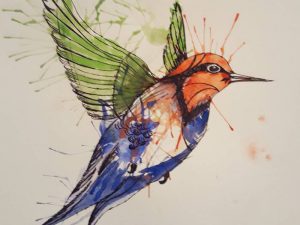 Pen and paint drawing of a bird