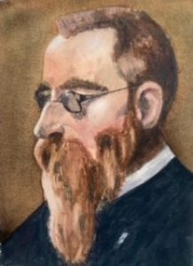 After Valentin Serov. Portrait of Nicolai Rimsky-Korsakov. Watercolour. Background wet in wet to contrast with blocks of colour in the figure.