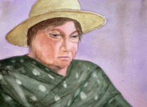 Painting of woman in straw hat with green shawl