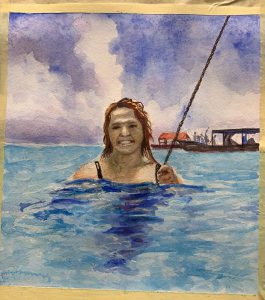 A painting of a girl swimming in the sea