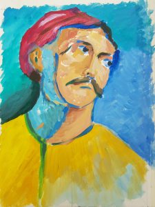 Painting of man in red hat and yellow shirt