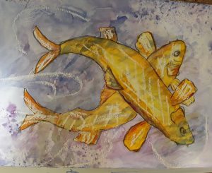 Painting of two yellow fish