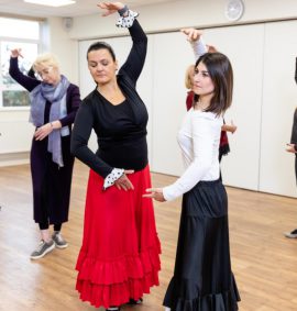 Six women in Flamenco dancing class