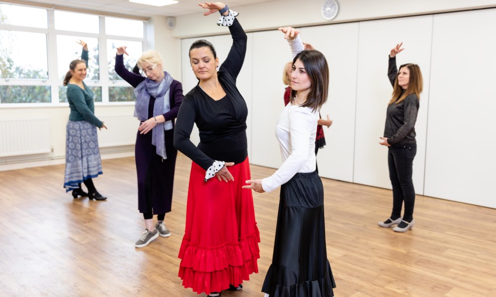 Six women in Flamenco dancing class