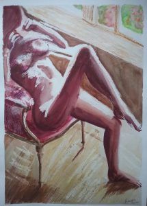 Painting of pink nude seated woman