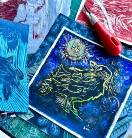 examples of colourful lino print artwork