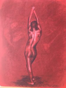 Drawing of a nude stretching woman in red