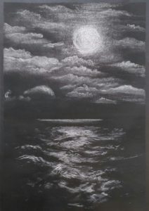 Sea and sky drawing in chalk and charcoal