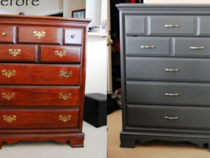 Two chest of drawers showing before and after painting