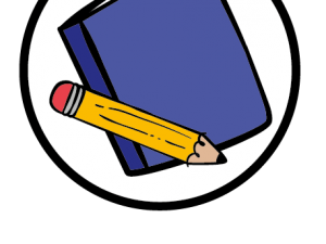 Blue book and yellow pencil cartoon drawing with word Writing