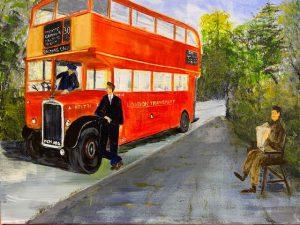 Painting of a red London bus with three men