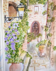 Painting of an italian courtyard with purple flowers