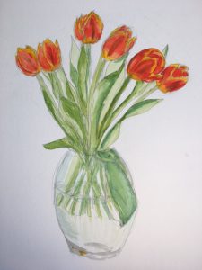 Painting of a vase with orange tulips