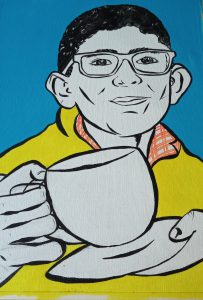 Pop art painting of man with cup of tea in blue and yellow