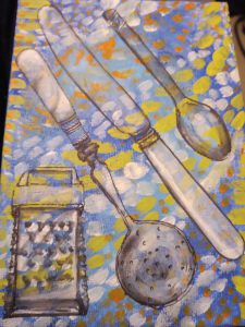 Painting of cutlery on patterned tablecloth