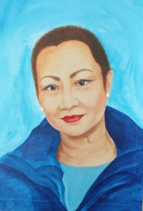 Portait painting of a woman in a blue jacket