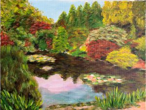 Painting of a garden and pond