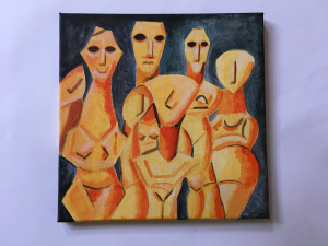 Abstract painting of people in orange