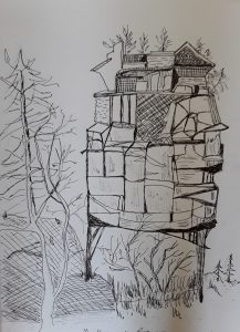 Line drawing of a house on the rocks