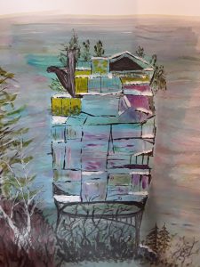 Painting of a house on the rocks