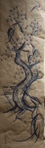 Drawing of Japanese birds and tree in blue on paper background