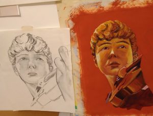 Two drawings of a boy playing the violin
