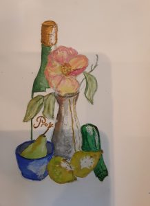 Painting of still life bottle, flower in vase and fruit