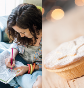 a lady doing a mindfulness colouring book and a mince pie